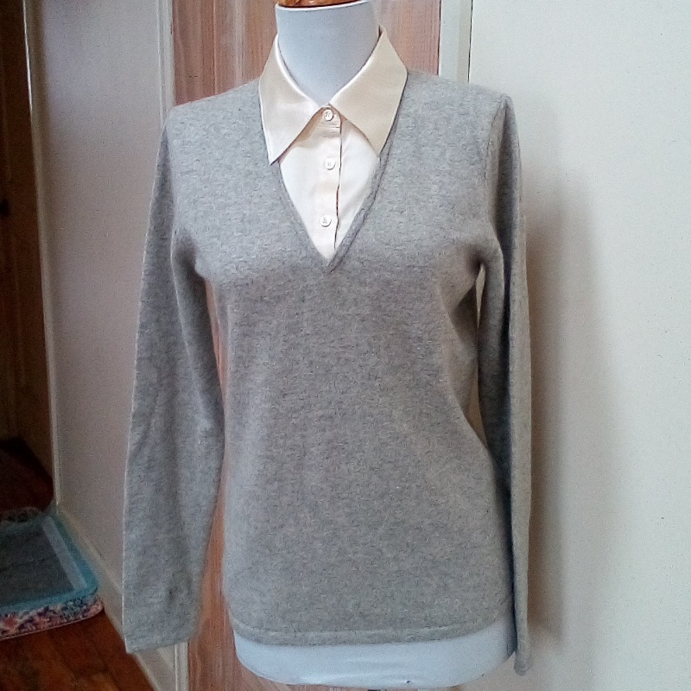 CHARTER CLUB Gray Heather 100% Cashmere W/ Silk Insert Sweater - Size S